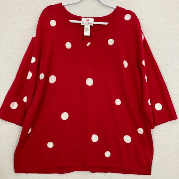 Quacker Factory Red White Polka Dot 3/4 Sleeve Cozy Knit Pullover Sweater 1X - Picture 1 of 10